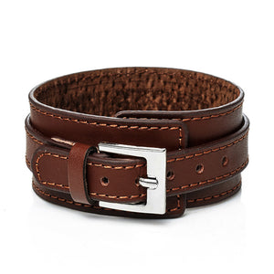 WRISTBAND  Punk Genuine Leather Bracelet Men Vintage Wide Cuff Bangles Adjustable Buckle