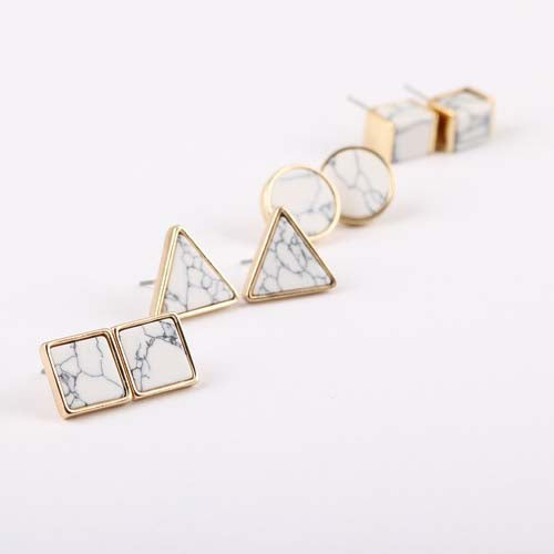 Earrings fashion Square Triangle Round Geometric Marbled White Natural Stone Resin Stud