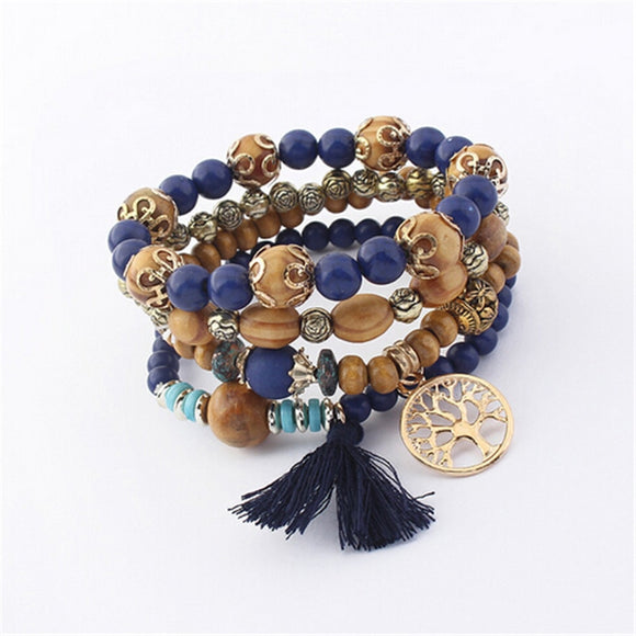 BANGLE Bohemian Multilayer Colorul Natural Stone Wood Beads Bracelet