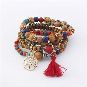 BANGLE Bohemian Multilayer Colorul Natural Stone Wood Beads Bracelet