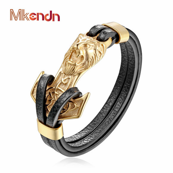 WRISTBAND New   Bracelets Gold Leo Lion Stainless Steel Anchor Shackles Black Leather Bracelet