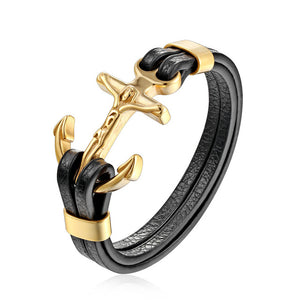 WRISTBAND New   Bracelets Gold Leo Lion Stainless Steel Anchor Shackles Black Leather Bracelet
