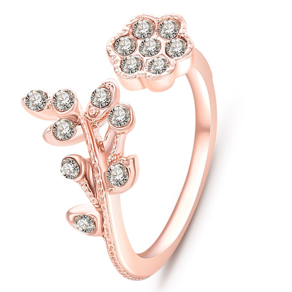 Rings  Korean Twisted Leaves Flower Rhinestone Open