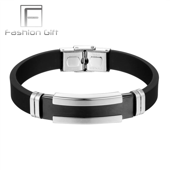 WRISTBAND Men's Silver Black Stainless Steel Silicone Rubber Bracelets Mens Bangle