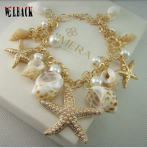 BANGLE Hot Selling Ocean Style Multi Starfish Sea Star Conch Shell Pearl Chain Beach Bracelet