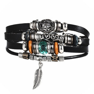 Wristband Design Turkish Eye Leather Bracelet For   Woman Multiple Layer Feather Bracelet Fashion