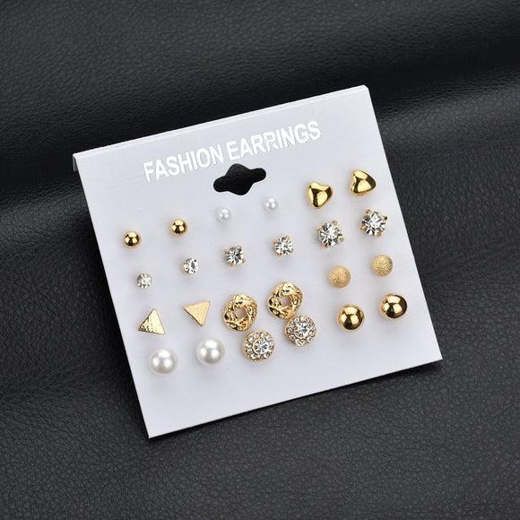 Earrings Fashion 12 pair/set Women Square Crystal Heart Stud