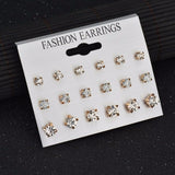 Earrings Fashion 12 pair/set Women Square Crystal Heart Stud