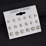 Earrings Fashion 12 pair/set Women Square Crystal Heart Stud