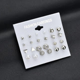 Earrings Fashion 12 pair/set Women Square Crystal Heart Stud