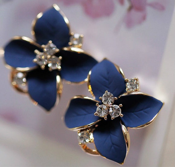 Earrings Fashion Jewelry Three-dimensional Matte Ear Clip Blue Flowers Crystal Flower