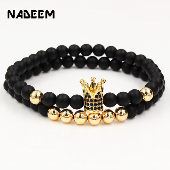 Wristband Fashion 2PCS/Set Couple His Hers 6mm Stone Bead CZ Crown Bracelet