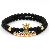 Wristband Fashion 2PCS/Set Couple His Hers 6mm Stone Bead CZ Crown Bracelet