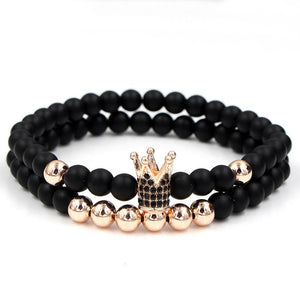 Wristband Fashion 2PCS/Set Couple His Hers 6mm Stone Bead CZ Crown Bracelet