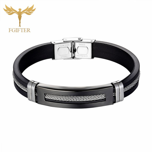 Wristband Black Stainless Steel Bracelets Bangles Black Rubber Cuff Bracelet