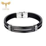 Wristband Black Stainless Steel Bracelets Bangles Black Rubber Cuff Bracelet