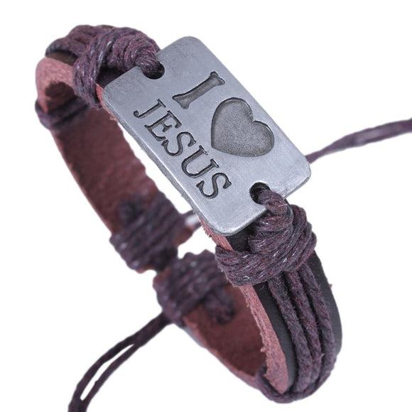 WRISTBAND Christian I Love Jesus Charm Leather Bracelet Adjustable