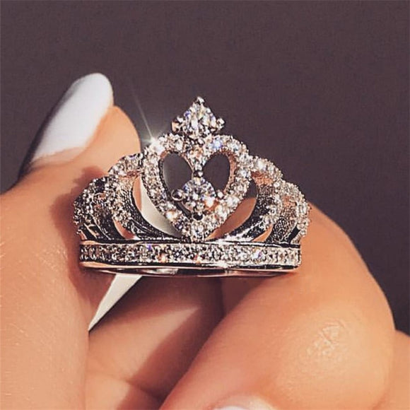 Rings Fashion Silver Rings Crystal Heart Rings Women's Crown Zircon