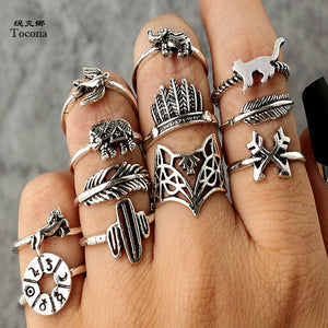 Rings Tocona 12pcs/Set Bohemia Antique Silver Arrow Elephant Fox Lion Pony Pattern Carved Animal