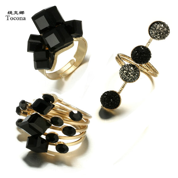 Rings Tocona Vintage Antique Gold Black Rhinestone Opening Knuckle Finger Midi