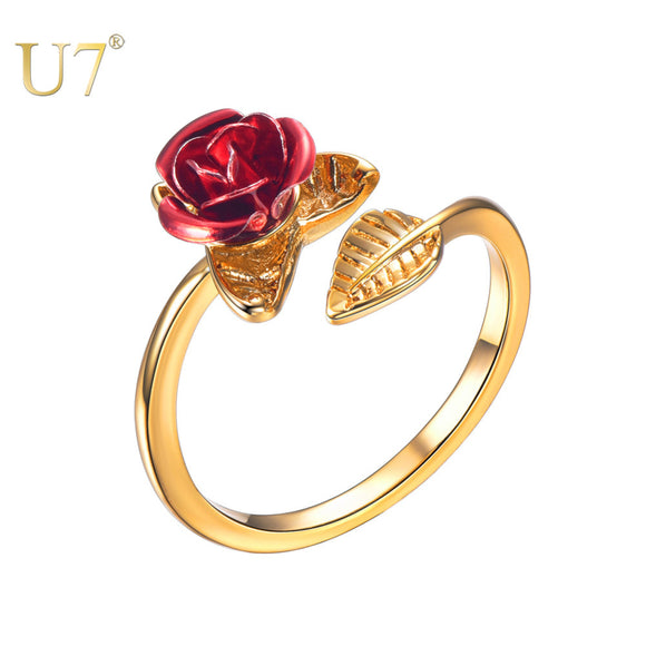 Rings  Red Rose Garden Flower Leaves Resizable Finger Rings