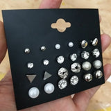 Earrings Modyle 9 Pairs/Set Mix Design Square Rhinestone Stud
