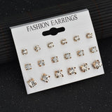 Earrings Modyle 9 Pairs/Set Mix Design Square Rhinestone Stud