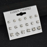 Earrings Modyle 9 Pairs/Set Mix Design Square Rhinestone Stud