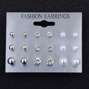 Earrings Modyle 9 Pairs/Set Mix Design Square Rhinestone Stud