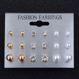 Earrings Modyle 9 Pairs/Set Mix Design Square Rhinestone Stud