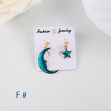 Earrings Korea Style Asymmetrical Fresh Enamel blue Star Moon Planet  Circle Clip