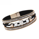 Wristband Women Multilayer Bangle Bracelet Crystal Beaded Leather Magnetic