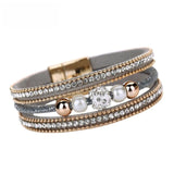 Wristband Women Multilayer Bangle Bracelet Crystal Beaded Leather Magnetic