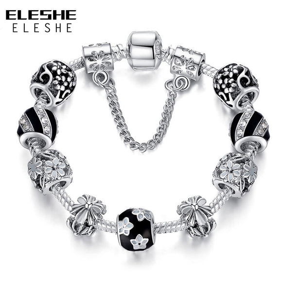 BANGLE 925 Enamel Silver Crystal Beads Charms Bracelet
