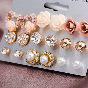 Earrings Elegant 9 Pairs/Set Women's Pearl Flower Crystal Studs