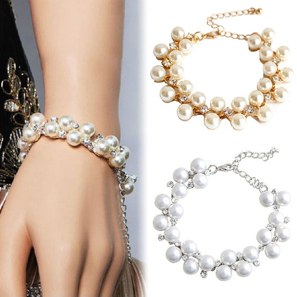 BANGLE  Simulated Pearl Beads Bracelet Shellhard Fashion Rhinestone Crystal Bracelet