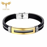 Wristband Black Stainless Steel Bracelets Bangles Black Rubber Cuff Bracelet