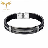 Wristband Black Stainless Steel Bracelets Bangles Black Rubber Cuff Bracelet