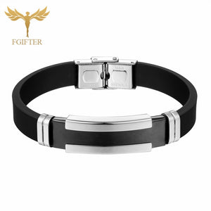 WRISTBAND Men's Silver Black Stainless Steel Silicone Rubber Bracelets Mens Bangle