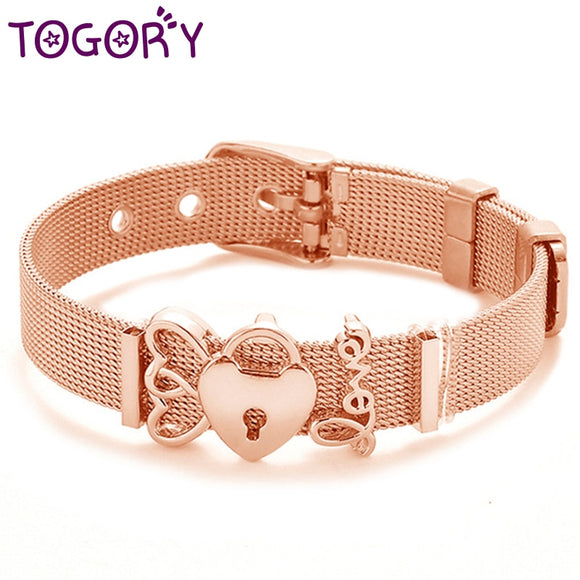 BANGLE Fashion Rose Gold Color Stainless Steel Mesh Bracelet Set Gold Heart Lock Charm Pandora Bracelet