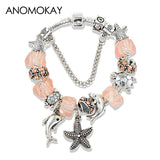 BANGLE Silver Ocean Starfish Dolphin Bead Bracelet Crystal Charm Pandora Bracelets