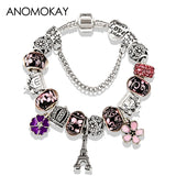 BANGLE Antique Silver Color Eiffel Tower Pandora Charm Bracelet Crystal Flower Bead Bracelets