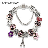 BANGLE Antique Silver Color Eiffel Tower Pandora Charm Bracelet Crystal Flower Bead Bracelets