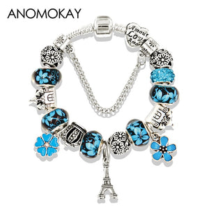 BANGLE Antique Silver Color Eiffel Tower Pandora Charm Bracelet Crystal Flower Bead Bracelets