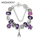 BANGLE Antique Silver Color Eiffel Tower Pandora Charm Bracelet Crystal Flower Bead Bracelets